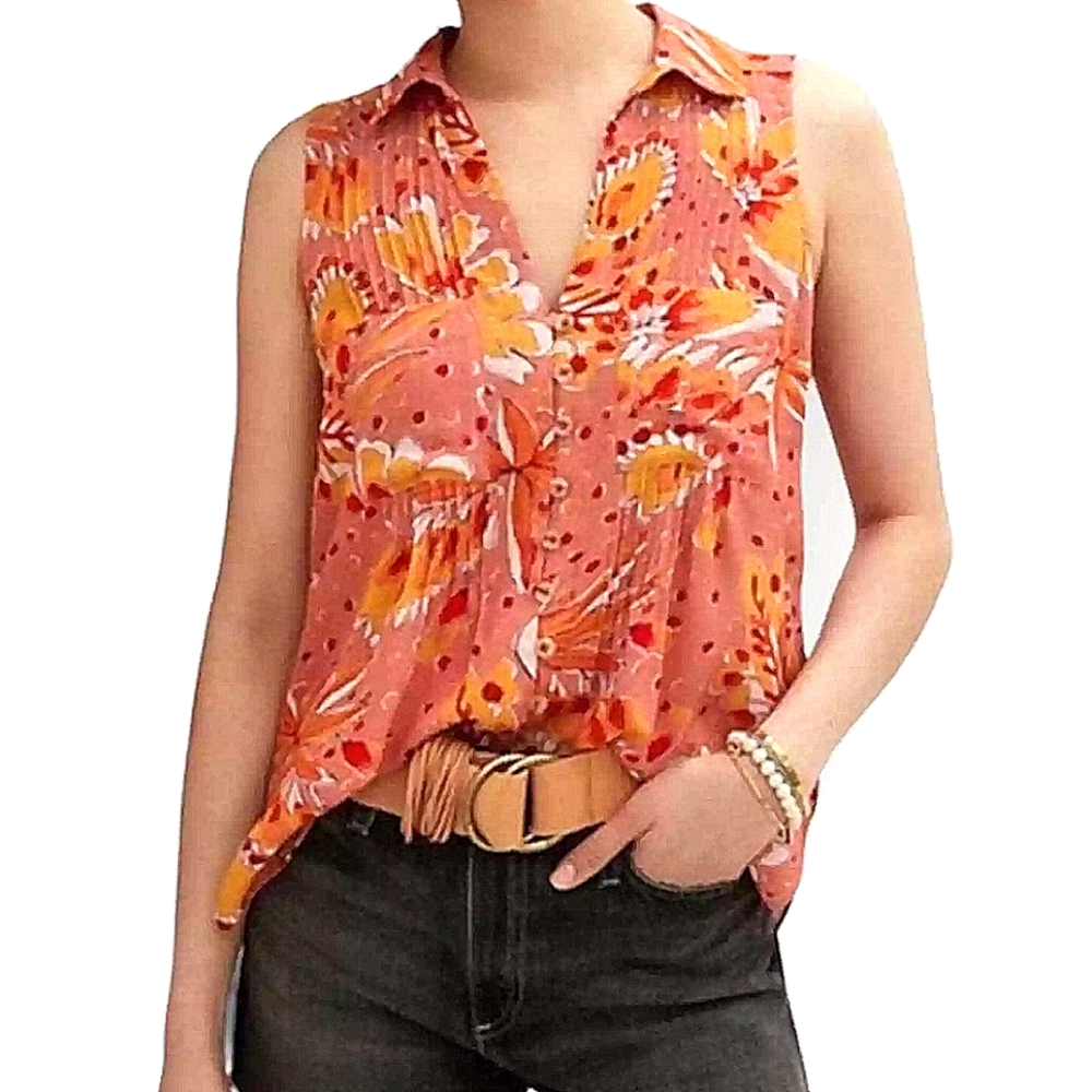 Vera for Anthro Coral Floral Collared Slvless Button-Up Top Boho Spring Summer